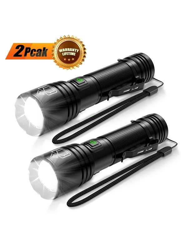 2 Pack 20000 Lumens Compact LED Flashlights, USB Rechargeable Mini Ultra Bright Tactical Zoomable Flashlight for Hiking Camping Outdoor Emergency, Included Battery