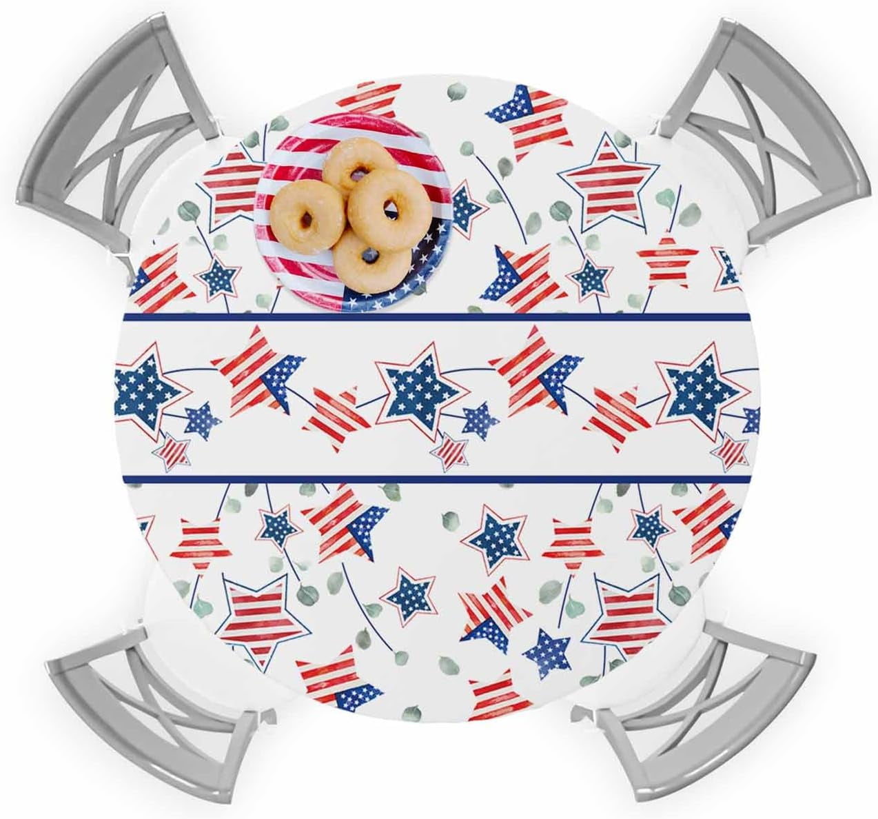 Memorial Day Round Fitted Tablecloth,American Flag Patriotic Star Elastic Edge Table Cover Waterproof Wipeable Table Cloths for Home Kitchen Dining Party Indoor Outdoor Decor 36"-44"