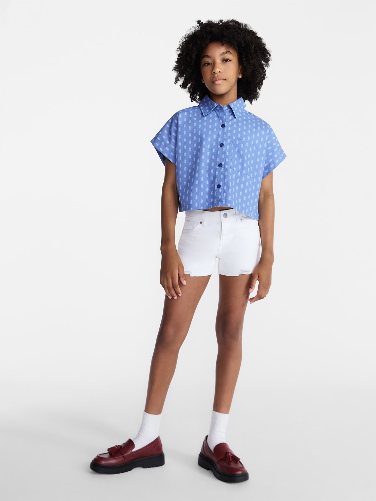 Weekend Academy Girl Cropped Button Down Cotton Shirt with Short Sleeves, Sizes 4-18