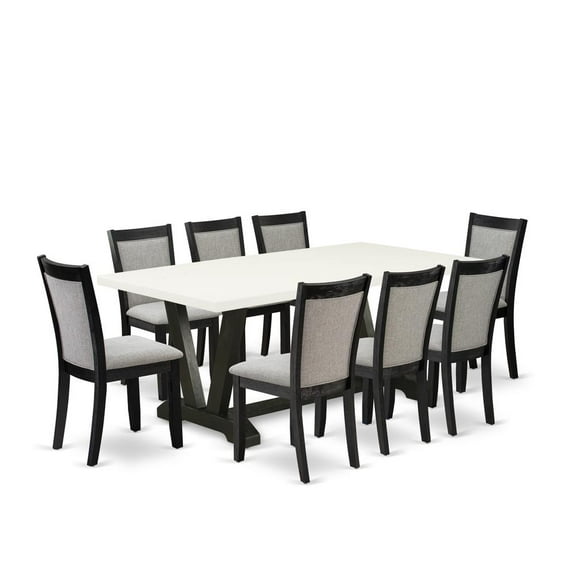 East West Furniture V-Style 9 Pieces Wood Dining Set in Black/White/Shitake Gray