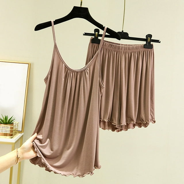 Qtocio Womens Sleep Set,2 Piece Summer Soft Knit Loose Style Solid Color Sleeveless Cami Top and Shorts Soft Loungewear