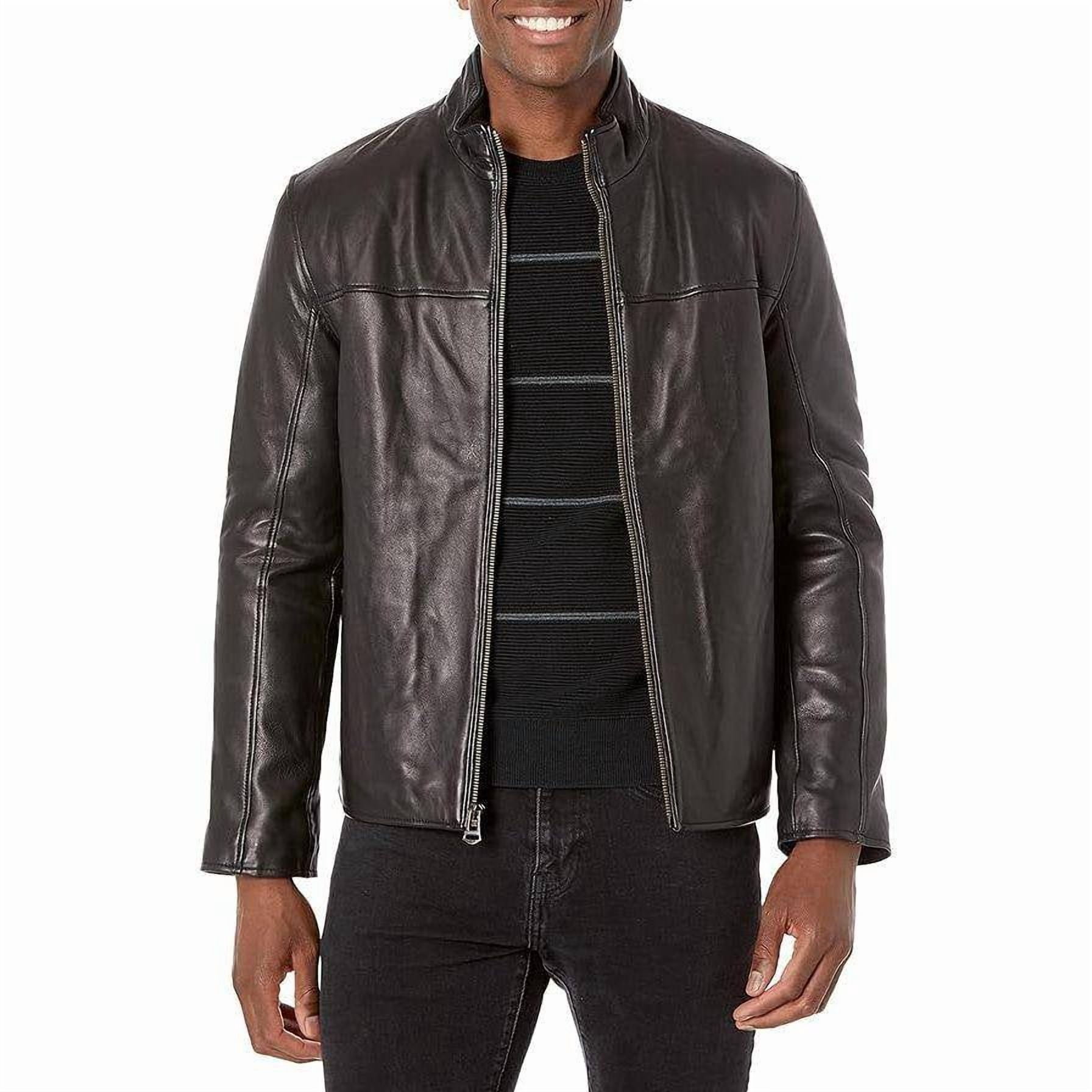 Cole Haan Men's Lamb Leather Jacket With Ribbed Convertible Collar (Java, S)