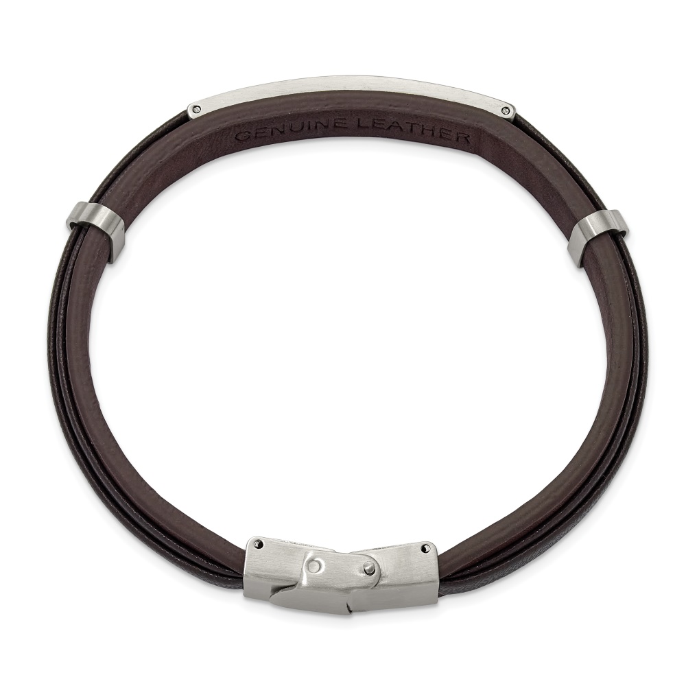 Diamond2Deal Stainless Steel Brushed Brown Leather ID Bracelet for Men 8.5"