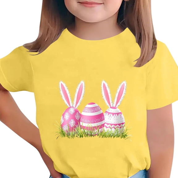 Easter Bunny Shirt for Girls Yellow, Soft Stretch Kids Graphic Tee Short Sleeve for Easter Holiday Party & Spring Outfit,Size 14-15T