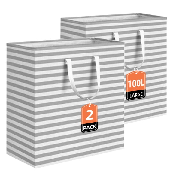 GARITIN 100L Large Collapsible Laundry Baskets, 2‑Pack Fabric Laundry Hamper with Reinforced Handles, Foldable Clothes Storage Basket for Bedroom, Laundry Room, Toy Storage