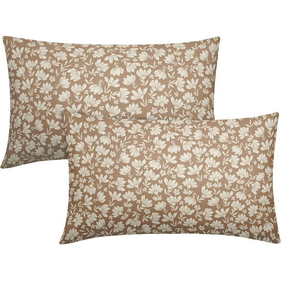 Brown Floral Block Print Lumbar Pillow Covers 12x20 Inch Set of 2, Vintage Flower Brown Beige Decorative Rectangle Throw Pillow Cases Outdoor Rustic Farmhouse Cushion Covers Sofa Couch Bed Decor
