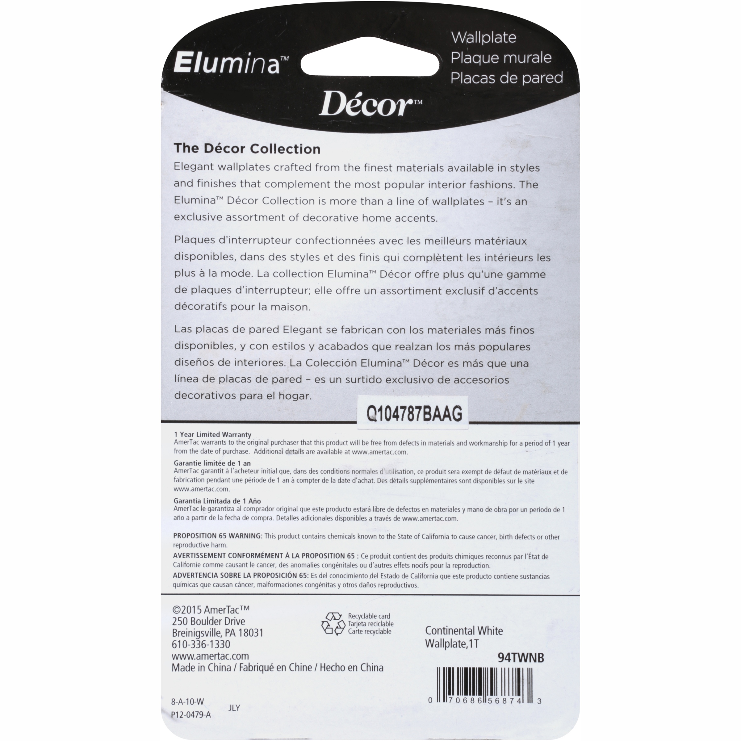 Elumina Continental 1 Toggle Wall Plate, White