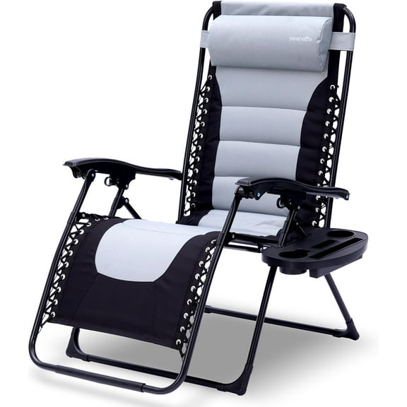 SereneLife Padded Zero Gravity Lounge Chair - Reclining Patio Chairs - Outdoor Lounge Chairs with Detachable Cup Holder Tray - Folding Recliner Chair with Removable Pillows - 1, Gray and Black