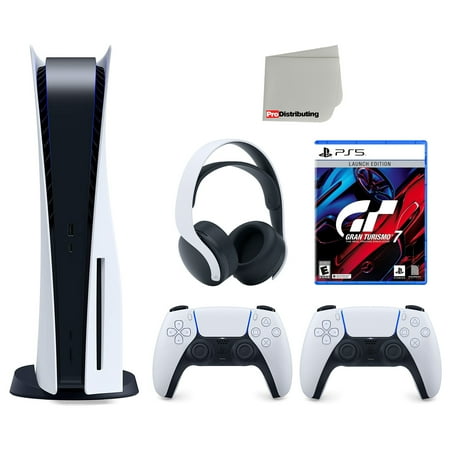 Sony Playstation 5 Disc (PS5 Disc) with Extra White Controller, Gran Turismo 7 Launch Edition and White PULSE 3D Headset Bundle with Cleaning Cloth