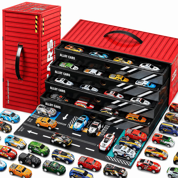 48pcs toy cars mini pull back cars for boy age 3-8,Parking Garage Playset with Play Map,Die-cast Race Car Toy,Party Favors Birthday Gift for Boys and Girls