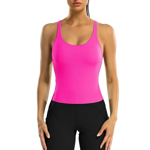 Charmo Women's Scoop Neck Ribbed Tank Tops Slim Straps Cropped Tops Built in Bra
