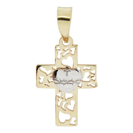 - 14k Yellow & White Gold, Small Sacred Heart Cross Pendant Religious Charm