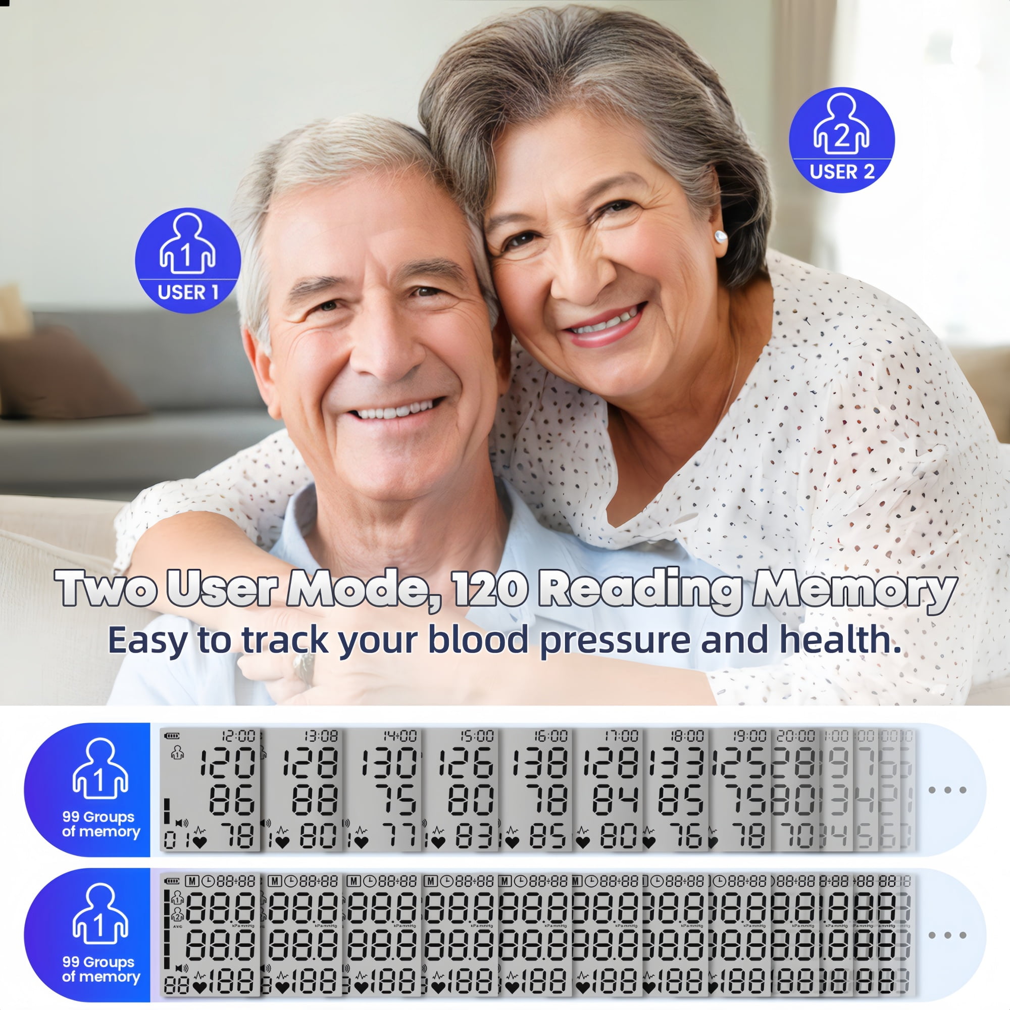 Upper Arm Blood Pressure Monitor, Equipped with 22-42cm Cuff, Rechargeable Automatic Digital BP Monitor with Dual-User Mode, 120 Reading Memory and Voice Broadcast, for Home Use