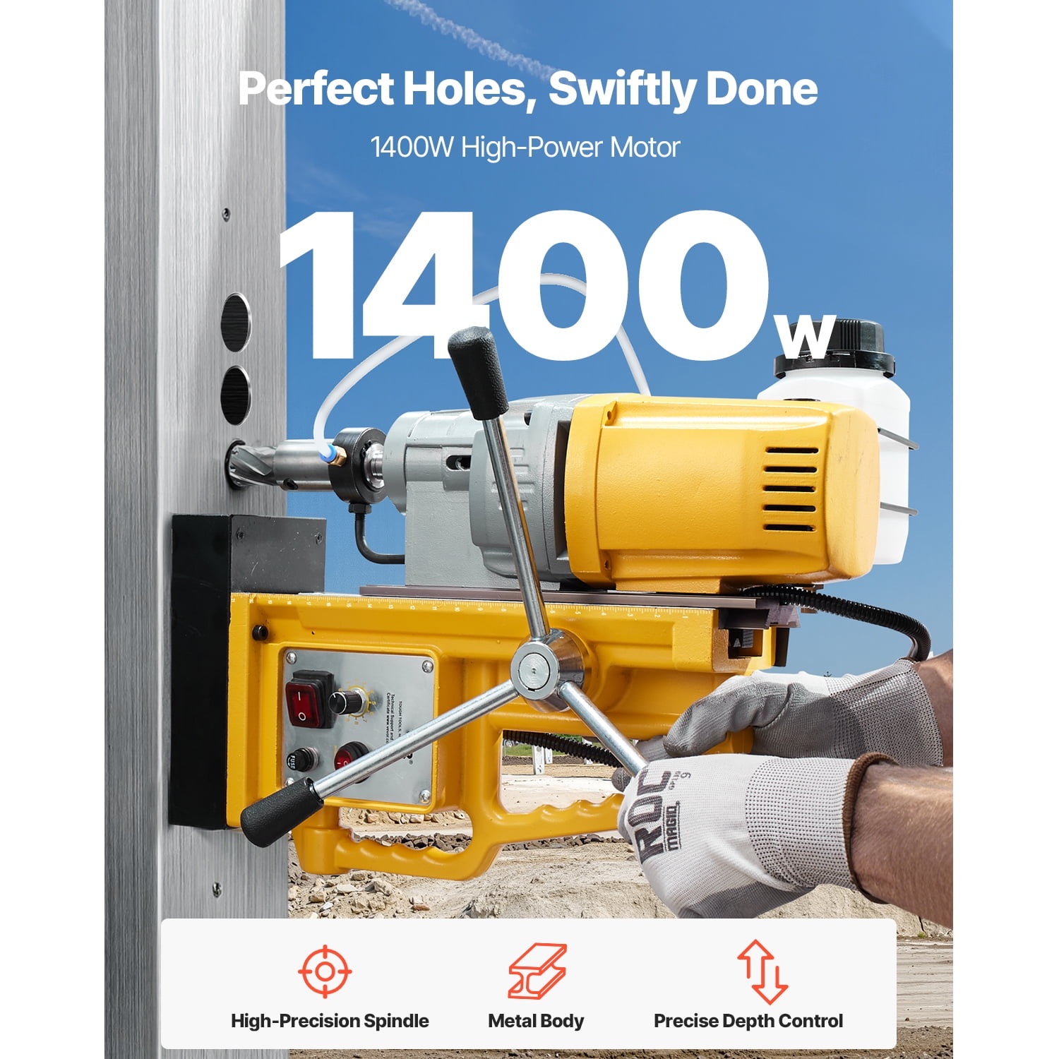 KFFKFF Magnetic Drill with 1400W Motor, 2-inch Drilling Capacity, 2922 lbf Magnetic Force, Variable Speed 0-750 RPM, Portable Electric Drill Press for Metalworking and Home Projects