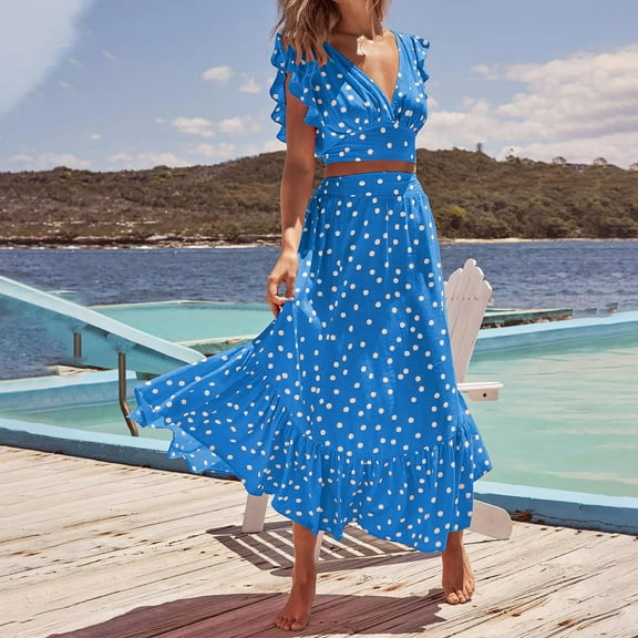 Idoravan Women Sets Clothing Clearance Fashion Women Summer Froral Print Casual Short SLeeve Top Skirt Set