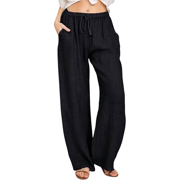 SOMER Pants for Women Flowy Casual Drawstring Waist Wide Leg Loose Linen Palazzo Pants with Pocket Black
