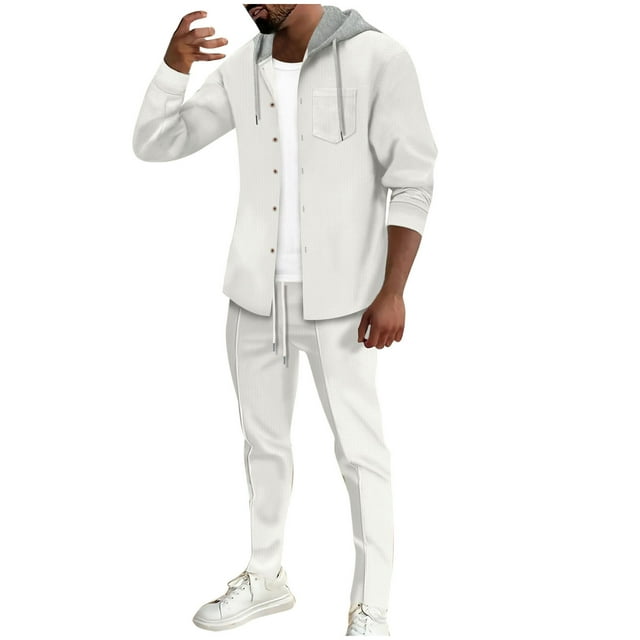 Yuyuzo Mens 2 Piece Sweatsuits Set Long Sleeve Button down Jackets Joggers 2 Piece Textured Tracksuits