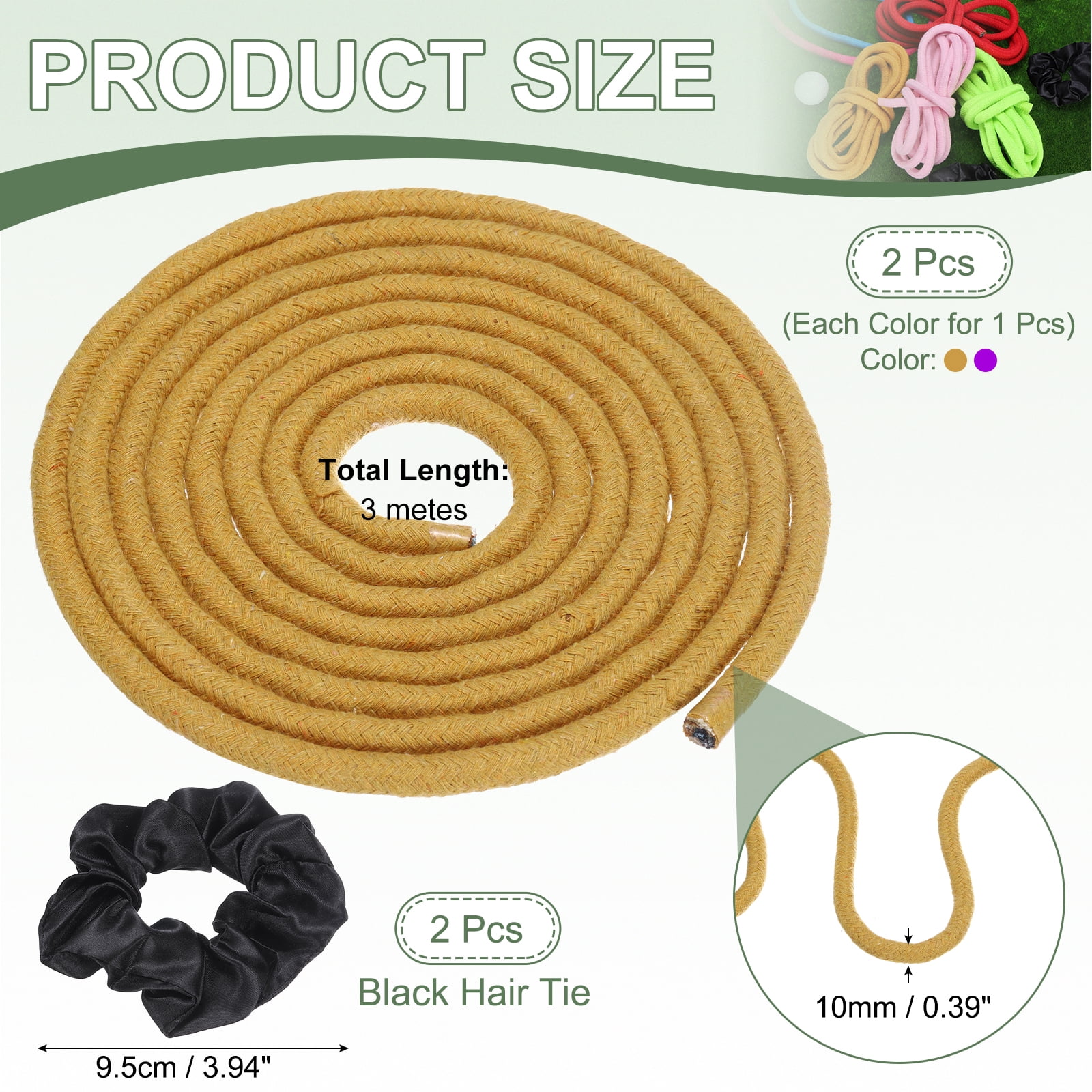 Gymnastics Rope, Exercise Fitness Aerobic Gymnastic Skipping, Rhythmic Gymnastics Arts Rope with Hair Tie 3 Meters& 2Pcs & Purple/Ginger - Fit for (Fitness/Outdoor Activities/Yoga)