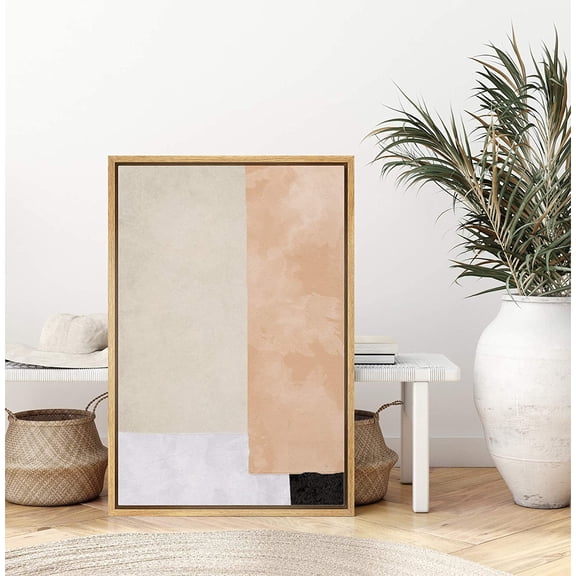 IDEA4WALL Framed Canvas Art Wall Decor Black, White, Coral and Biege Color Block Abstract Brushstroke Oil Painting Minimalism Decorative Elements for Dorm Home Office - 16"x24"