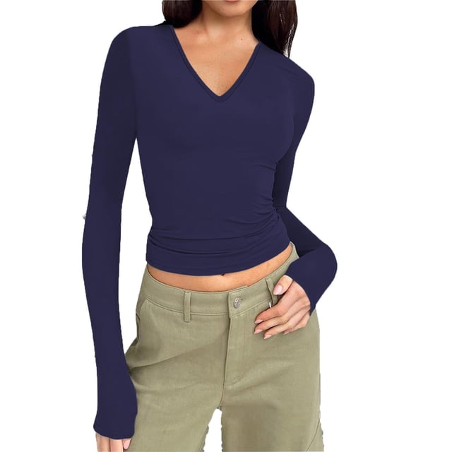 Besolor Long Sleeve Tight Tops for Women V Neck Slim Basic Stretchy Crop Tee Tops Shirts Lightweight Base Layer