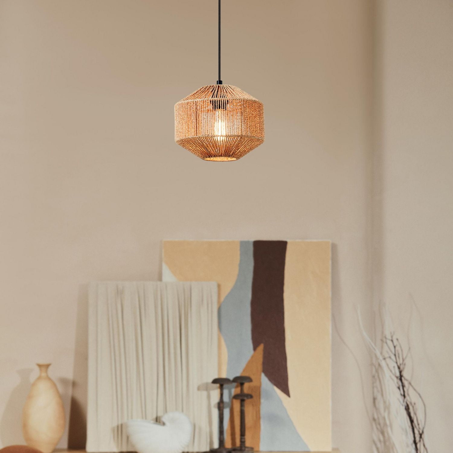 Lotus 1-Light Pendant Lighting, Natural Twine Shade, Black Fabric Cord