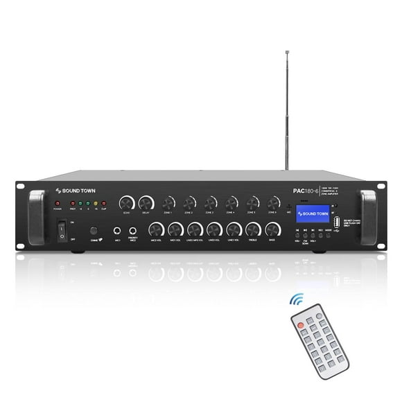 Sound Town 180W 6-Zona 70V/100V amplificador de potencia comercial con Bluetooth, aluminio, para res