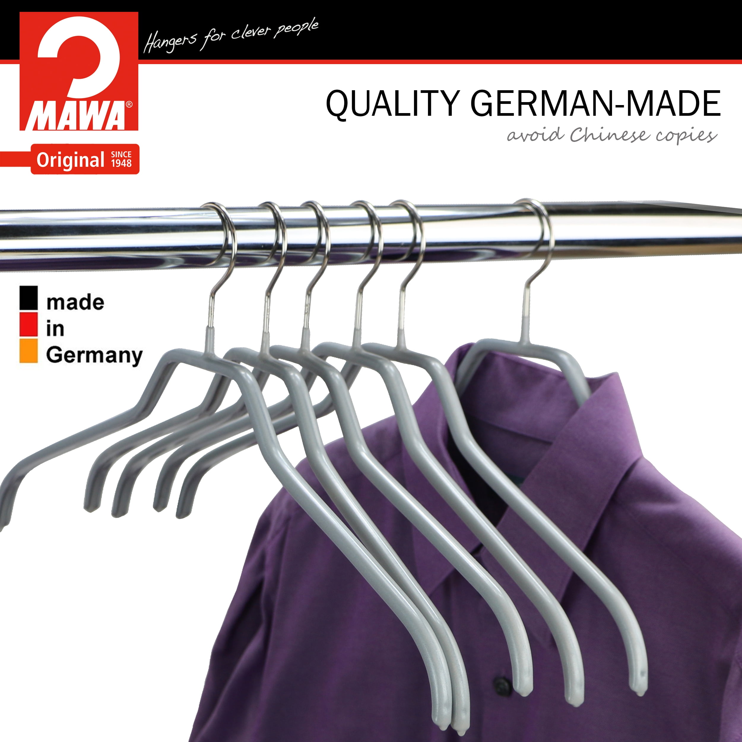 Mawa by Reston Lloyd Silhouette Series Non-Slip Space Saving Clothes Hanger for Shirts and Dresses, Style 41/F, Set of 12, Silver