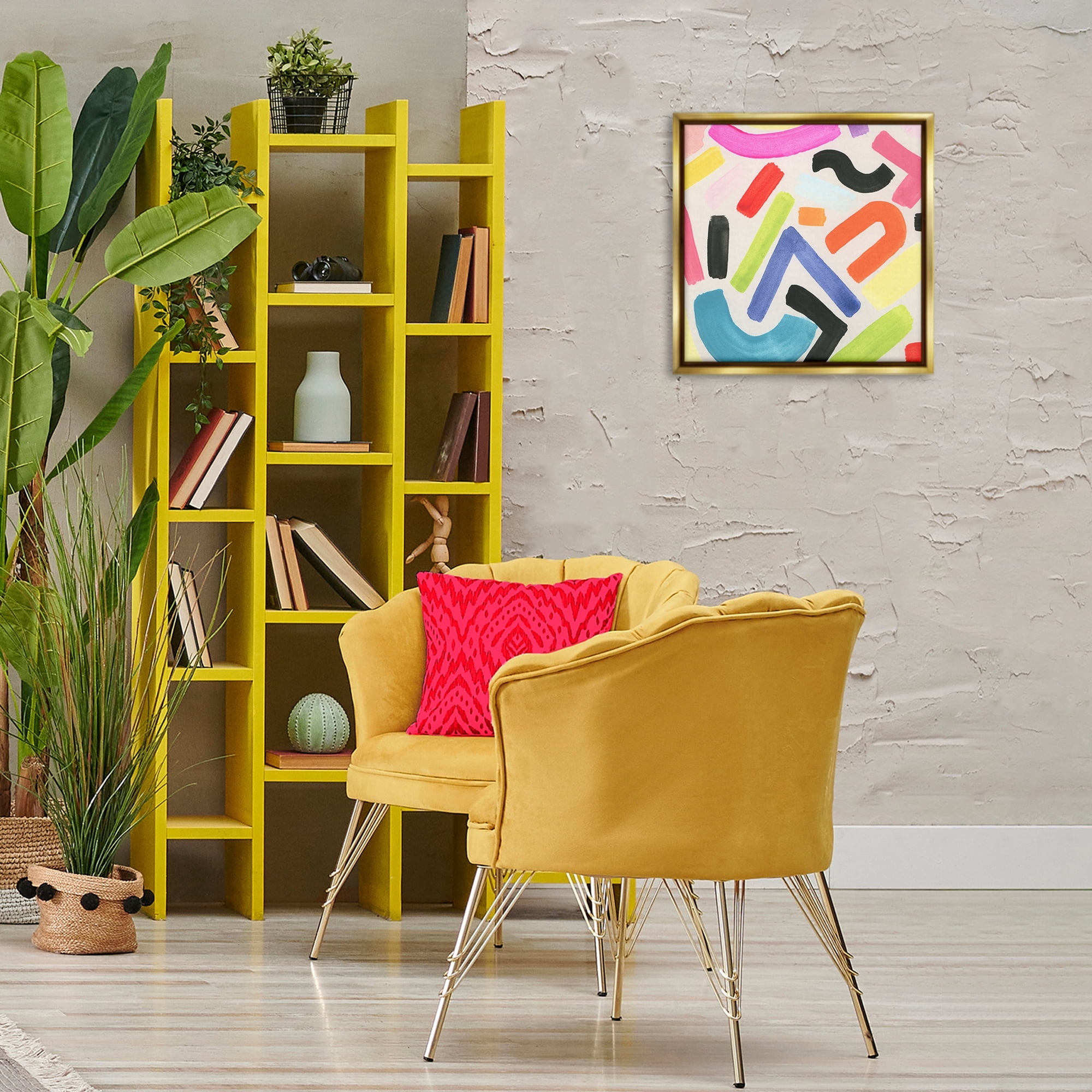 Stupell Industries Modern Squiggle Shapes Abstract Painting Gold Floater Framed Canvas Art Print Wall Art, 18 x 18