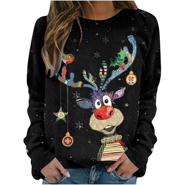Sudadera Para Mujer Cuello Redondo Sudadera Con Estampado Navideño Moda Casual Suelta Manga Larga Tops Blusa Sin Capucha Odeerbi ODB184587