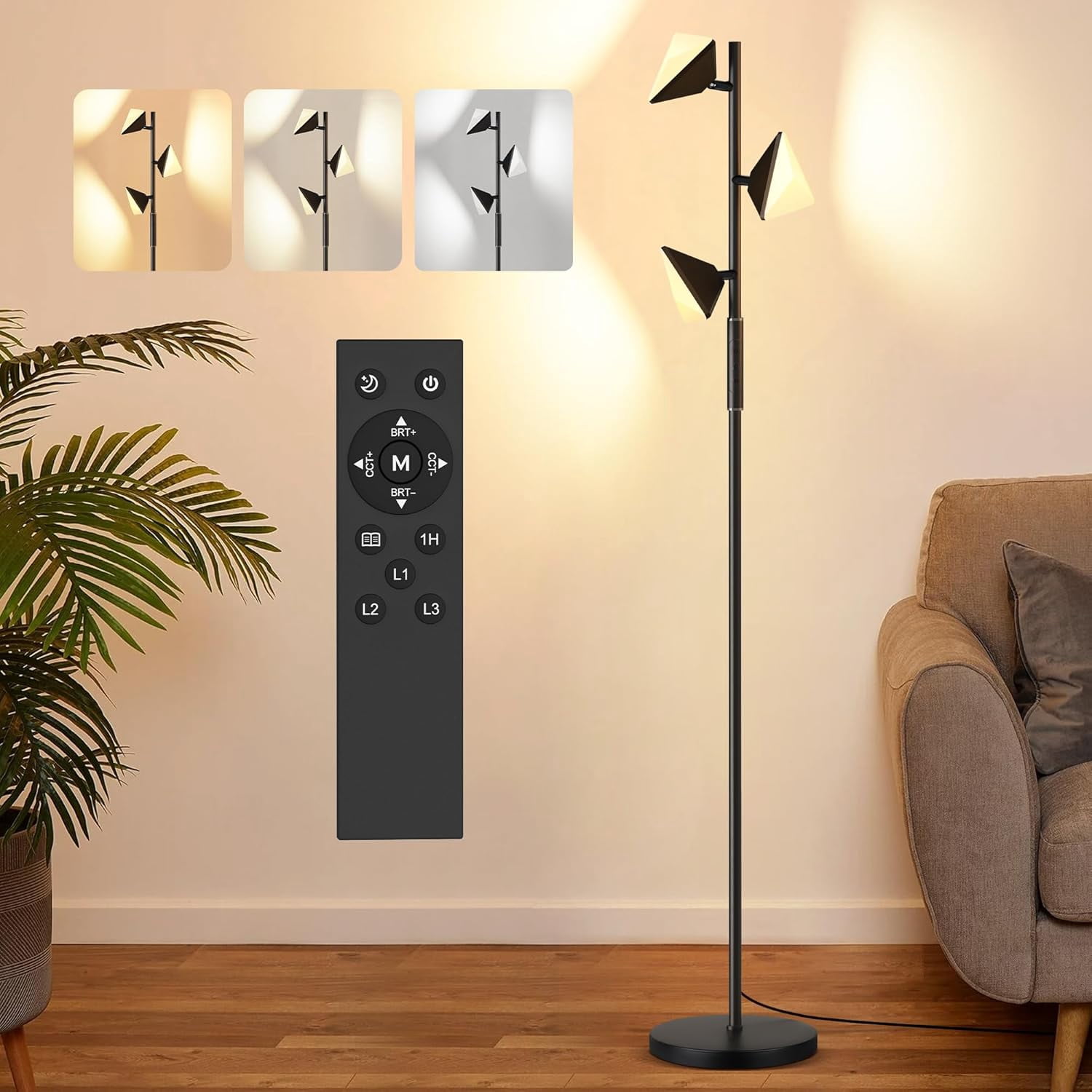 QiMH Tree Floor Lamp, 3 Rotatable Light Floor Lamp for Living Room,4 Color Temperatures, 36W Stepless Dimmable LED Tall Standing Lamp with Touch and Remote Control for Bedroom, Home, Office
