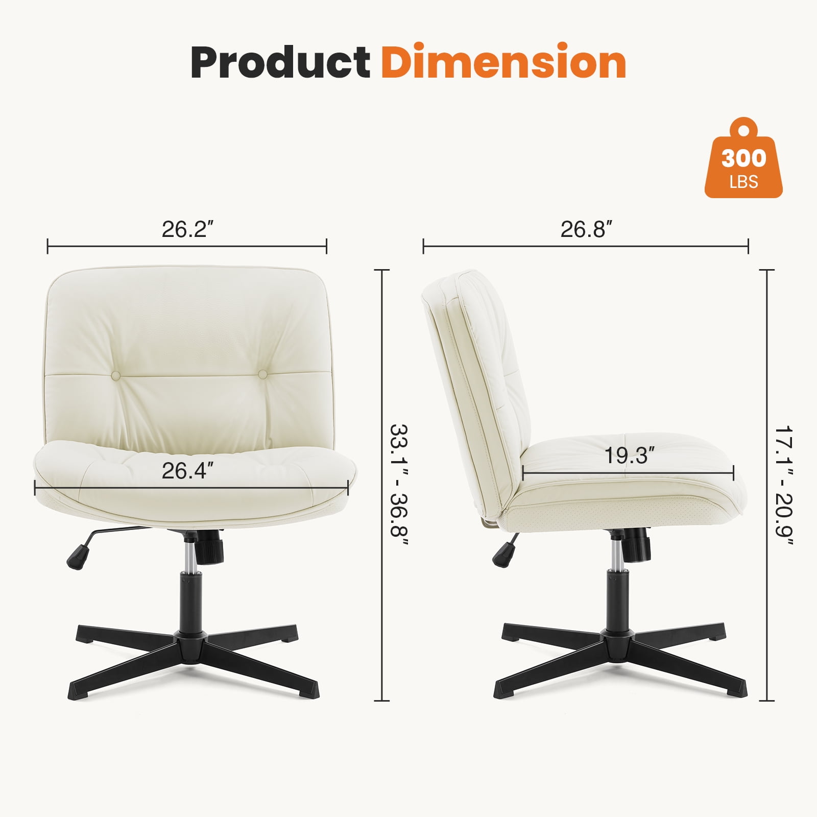 GIANNA Armless Office Chair without Wheels - Adjustable Swivel, Cross Legged Design, Wide Seat, Ergonomic PU Leather, Beige