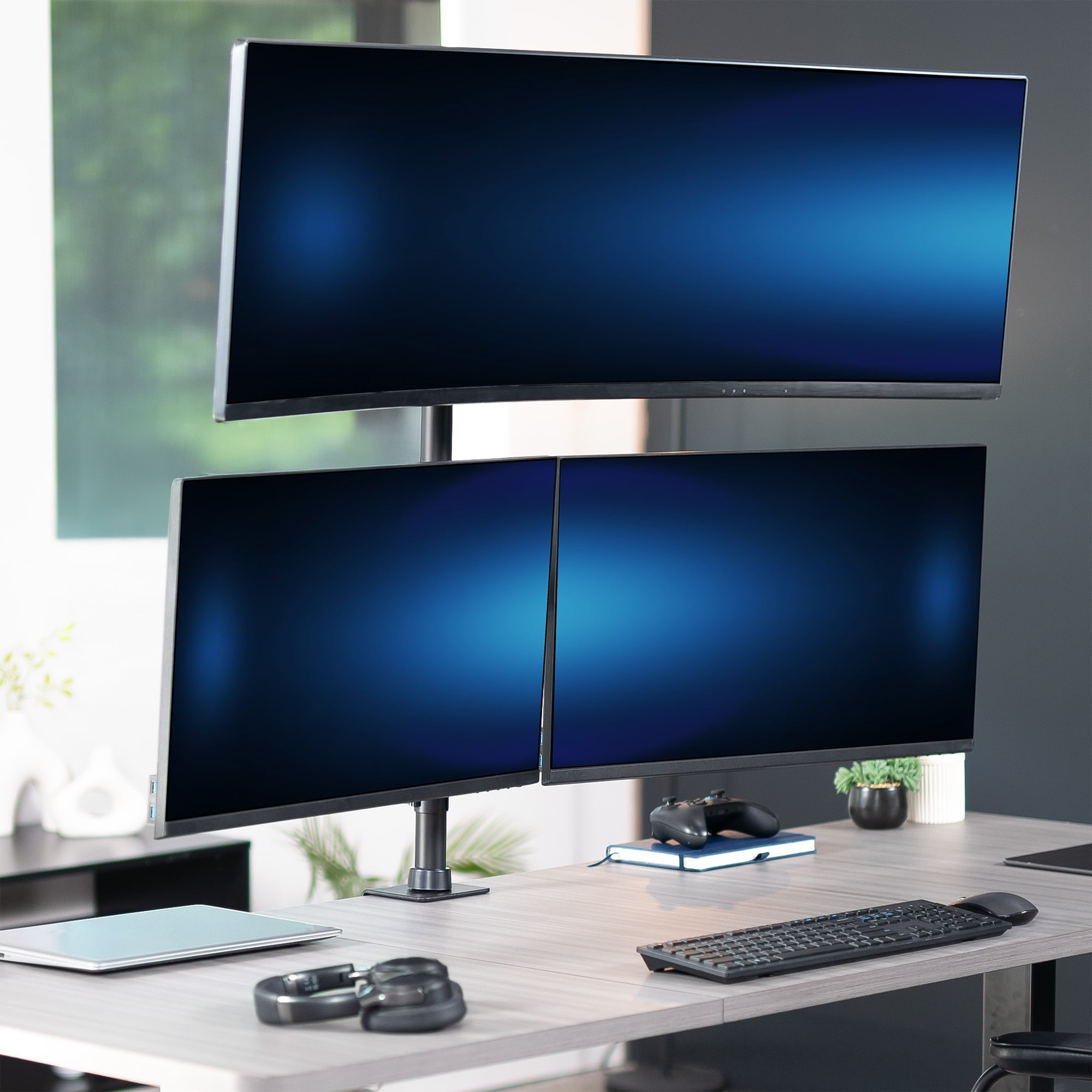 VIVO Triple Computer Monitor Desk Mount, 1 Ultrawide to 49", 2 Standard to 27"