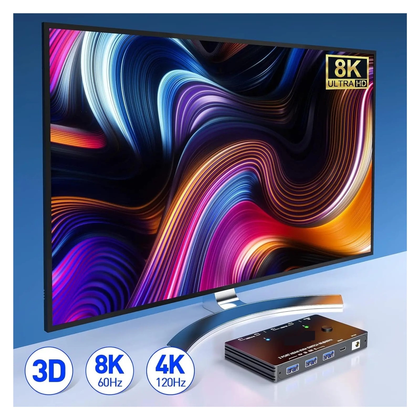 USB 3.0 KVM Switch 8K60Hz with 3 USB3.0 Switch for 2 Computers Sharing 1 Monitor Keyboard Mouse with 2 USB Cables
