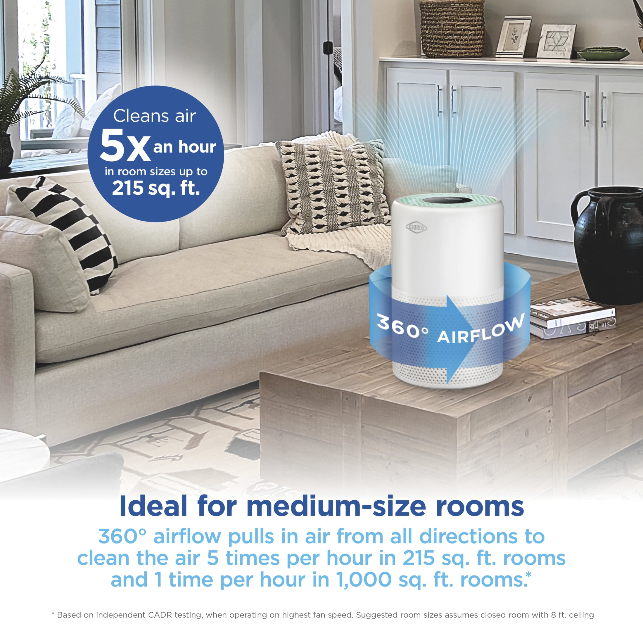 Clorox Turbo+ Air Purifiers for Allergies and Asthma, HEPA Air Purifier for Large Rooms, Auto Mode, Air Cleaner up to 1,000 Sq Ft
