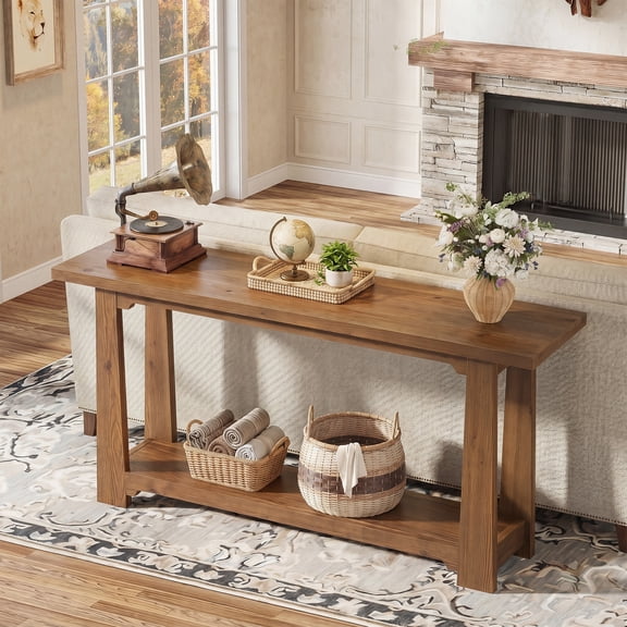 Finmind 55" Solid Wood Console Table, Farmhouse Entryway Table with Storage Shelf, Narrow Sofa Table Behind Couch for Hallway, Foyer, Living Room, Natural