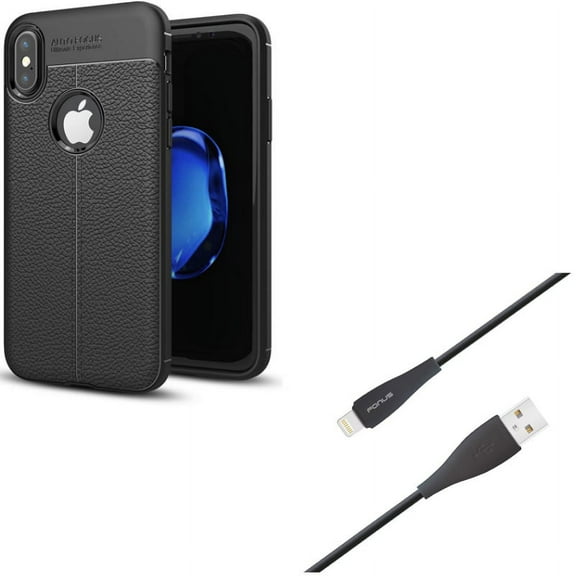 10ft USB Cable w Case for iPhone XS/X - Charger Cord Power Wire Long Sync, PU Leather Slim Fit Cover Reinforced Bumper Shock Absorbent for iPhone XS/X