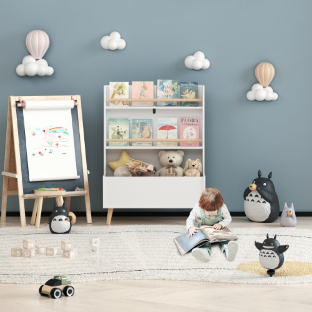 Kids Bookshelf, Children's Book and Magazine Rack with 2 Shelves & Toy Storage Bin, MDF Book Organizer with Pine Wood Legs, Wall-Anchored Toy Storage Cabinet for Bedroom & Playroom, White