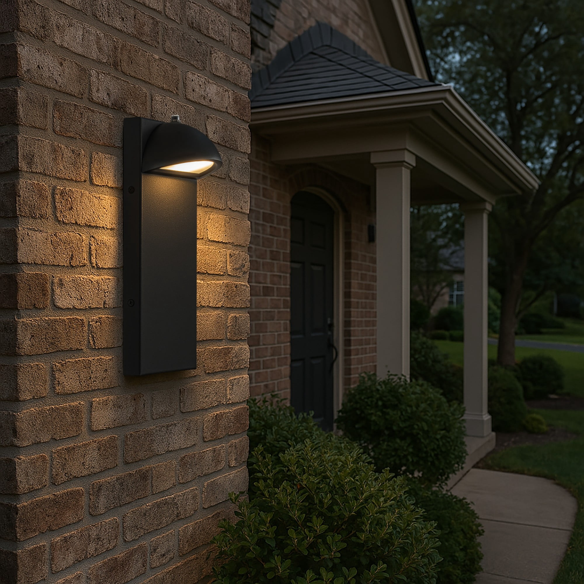 1 Light H11 in. Modern Outdoor Integrated LED Wall Light with Dusk-to-Dawn Sensor Minimalist Lines Black Exterior Sconce with Frosted Glass for Entryway Porch