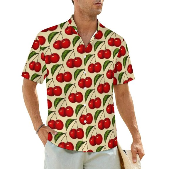 Red Cherry Print Hawaiian Shirt For Male Vacation Plaid Casual Shirts Short-Sleeve Fun C