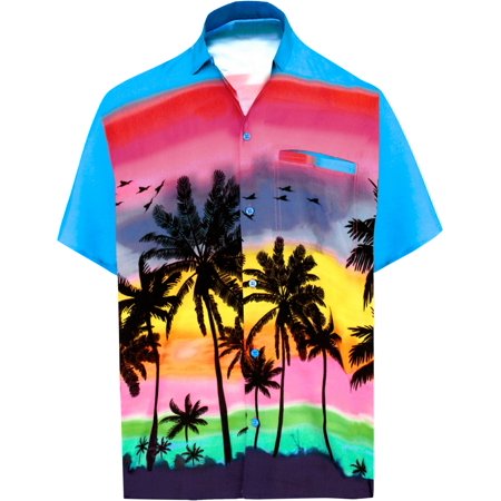 Mens Hawaiian Camp Shirt - Hawaiian Shirt Mens Beach Aloha Camp Party Casual Holiday Short Sleeve Palm Tree Print O