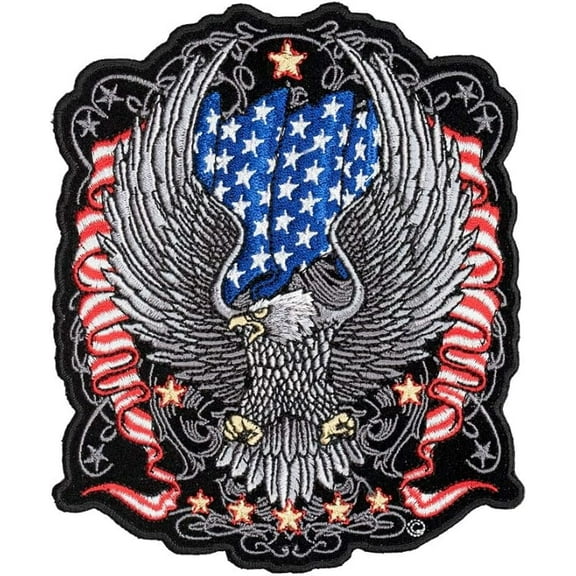 Silver Eagle & American Flag Ribbons Patch, Small Size