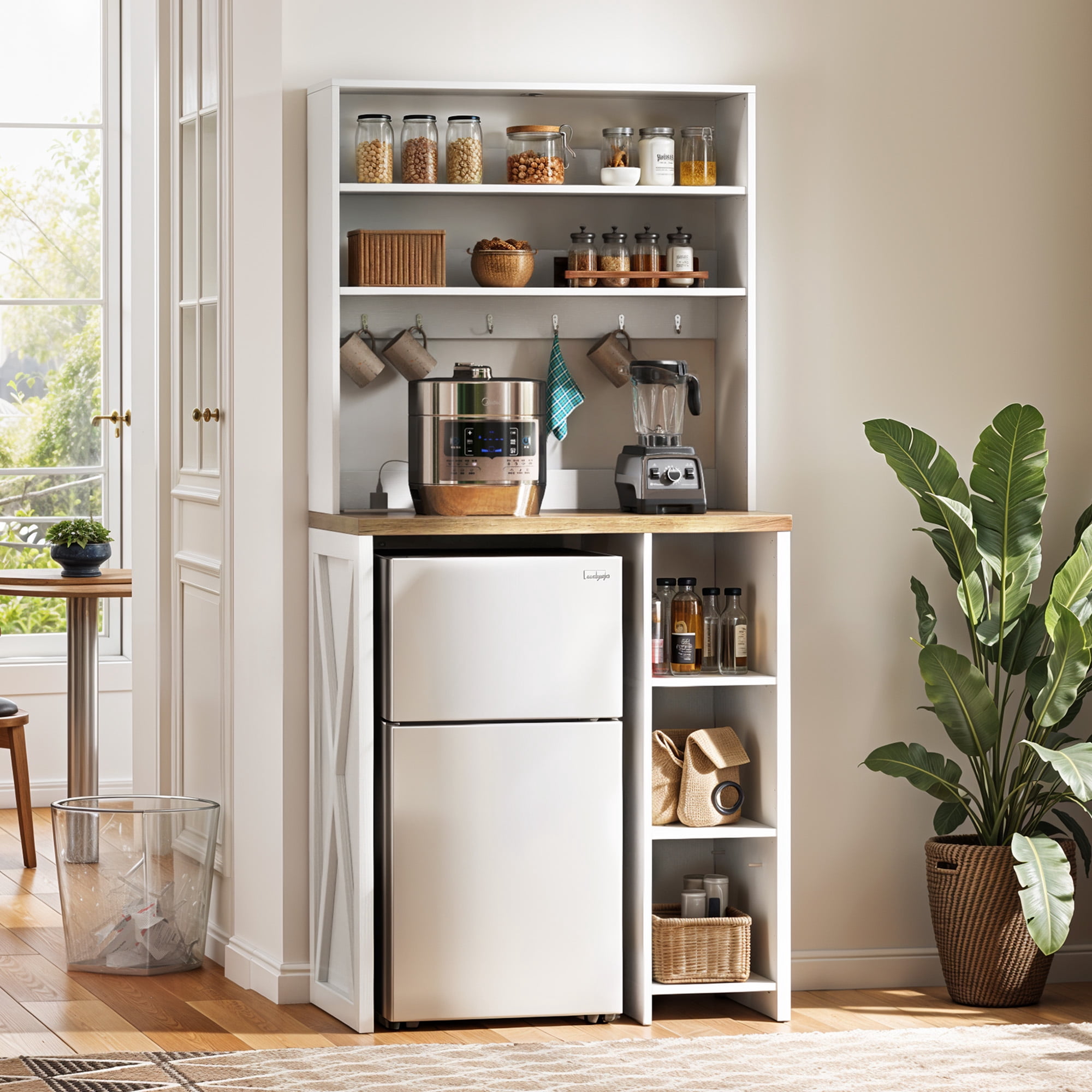 Craftian 69"H Kitchen Baker's Rack Microwave Stand with Power Outlets & Mini Fridge Storage, White