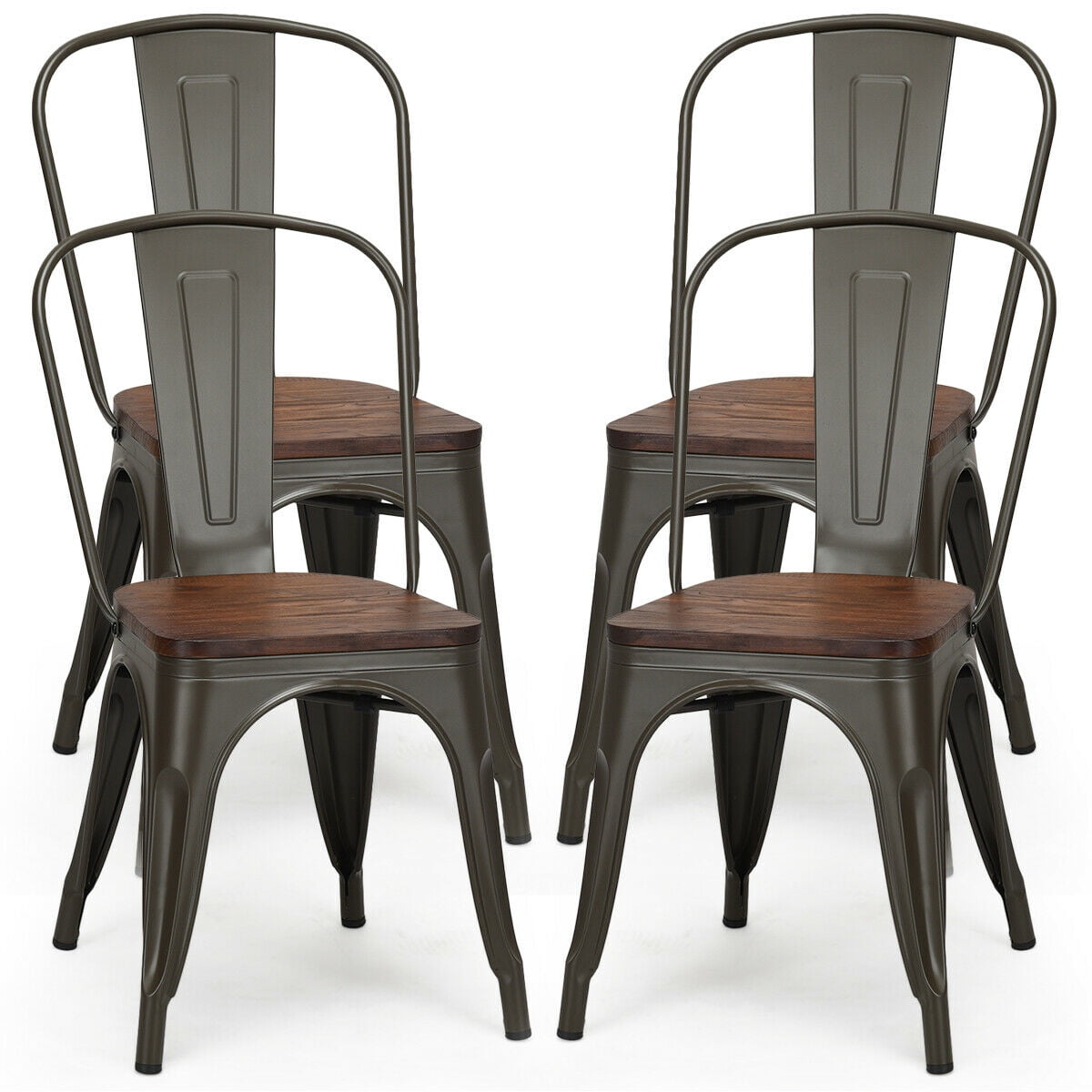 Costway Set of 4 Style Metal Dining Side Chair Wood Seat Stackable Bistro Cafe Brown