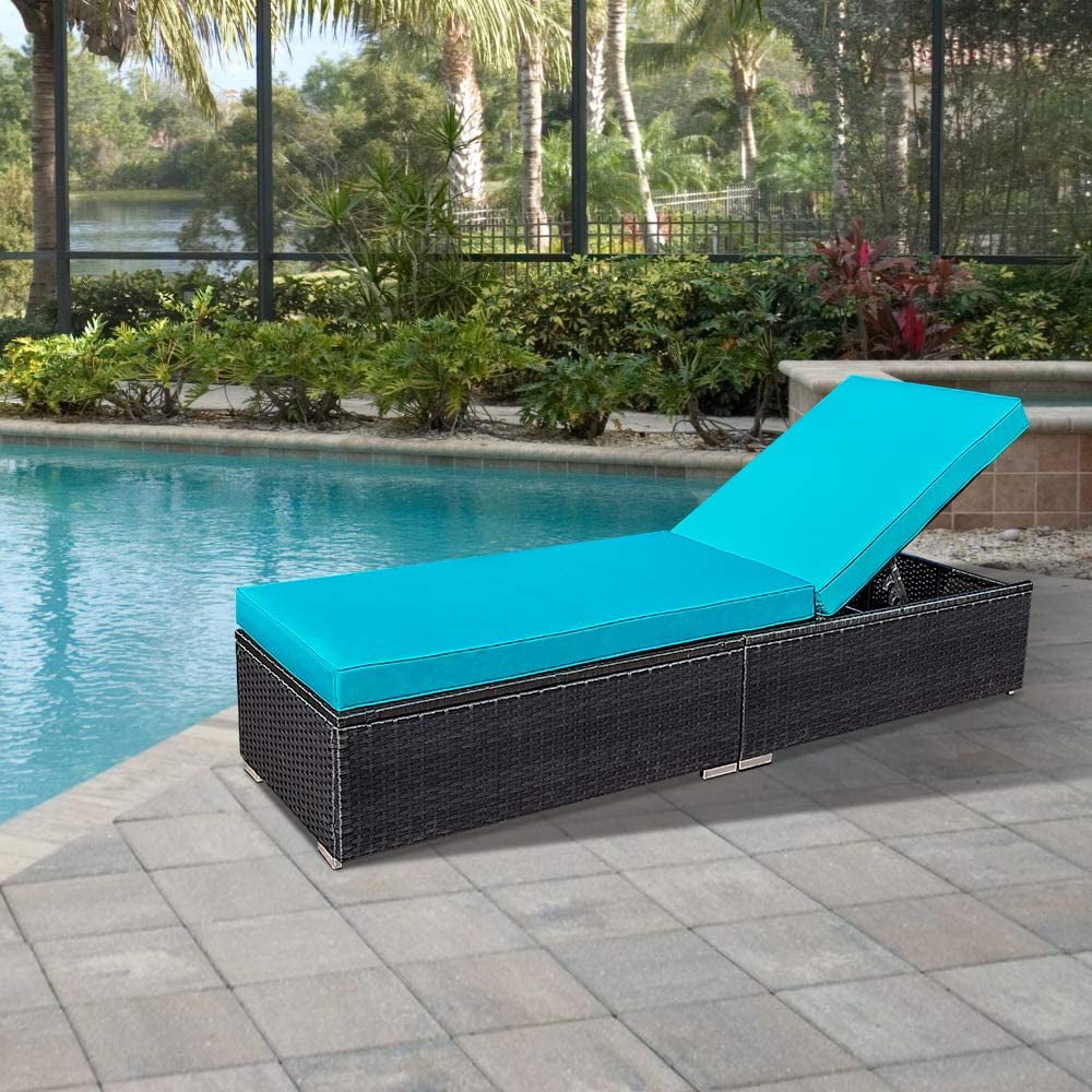 Outdoor Chaise Lounge Set of 2, Patio Wicker Adjustable Reclining Pool Lounge Furniture Chairs with Removable Recliner Cushion, Blue