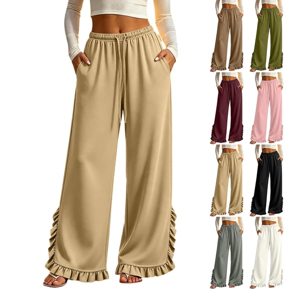 Vynhevius Women Solid Pants Wide‑Leg Elastic Drawstring Waist Pockets Loose Fit Casual Long Trousers
