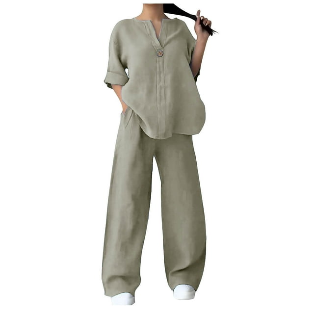 Timegard Plus Size Outfits for Women Long Sleeve Button V Neck Casual Tops Wide Leg Pants with Pockets Fall Sets
