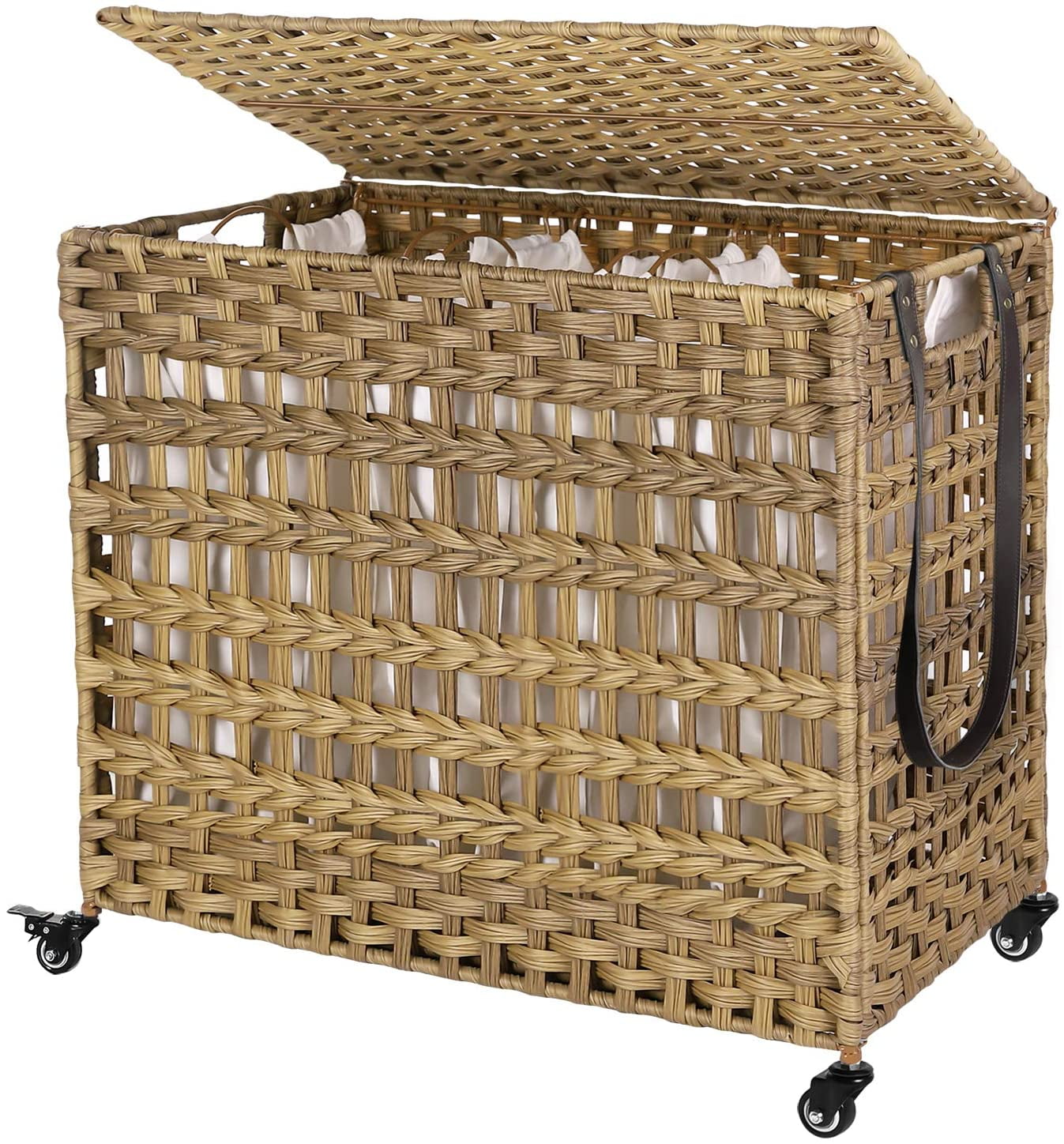 SONGMICS 140L Laundry Hamper on Wheels 3 Compartment Laundry Sorter ...