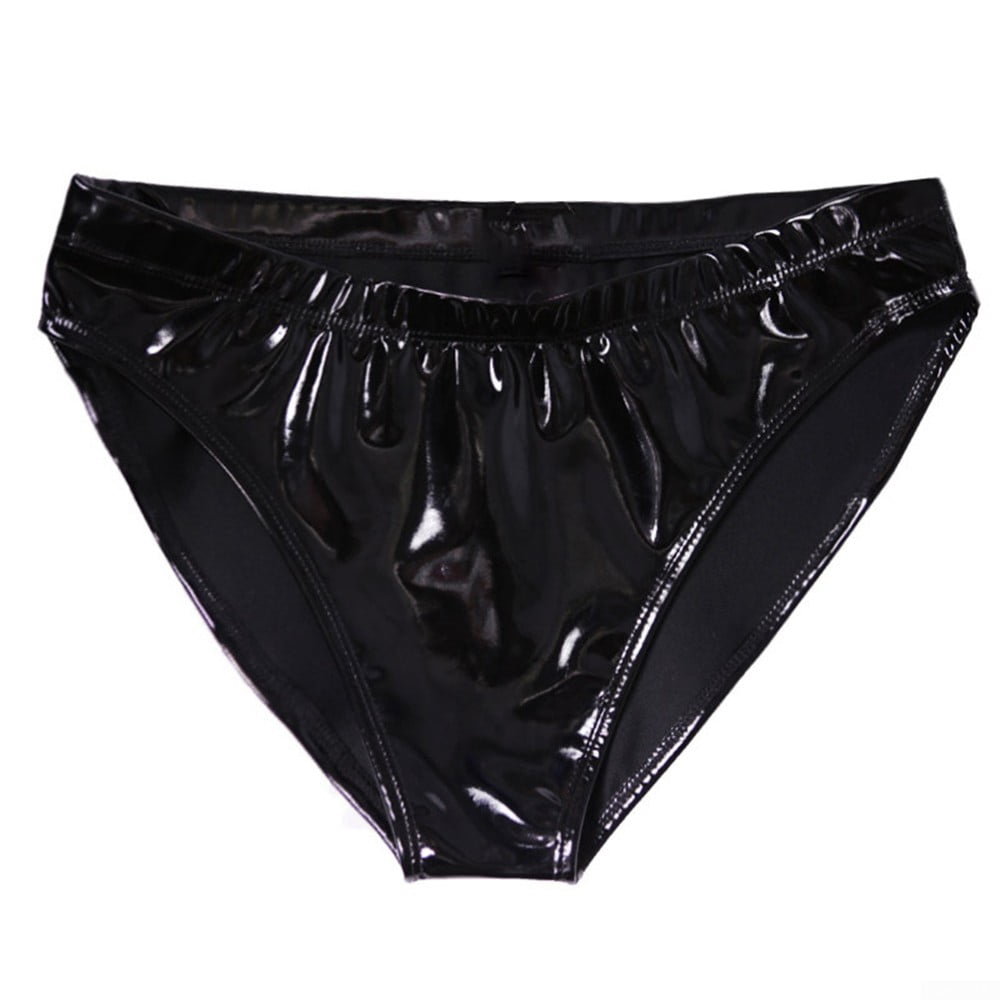 US Women Black Wetlook Faux Leather Panties Button Bikini Briefs Thong Underwear