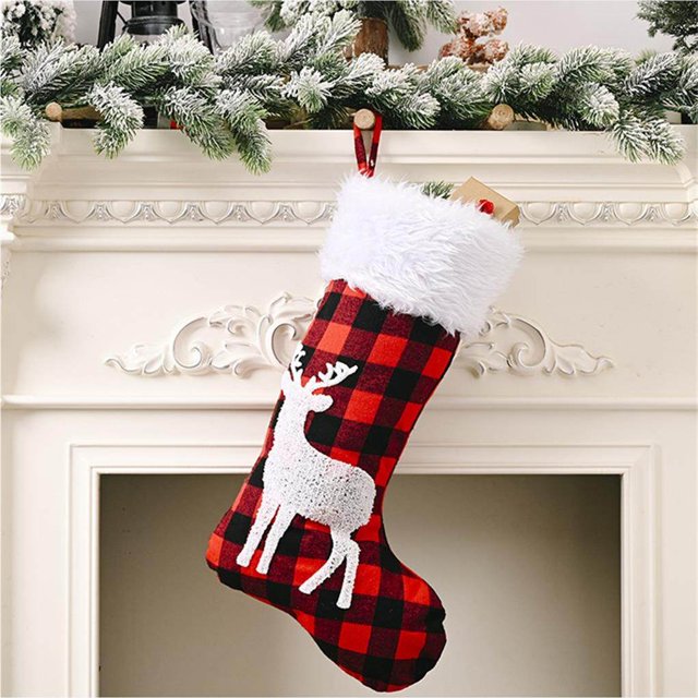 pitrice 3PCS Christmas Stocking Red and Black Grid Elk Snowflake Xmas Character Socks Christmas Tree Pendant