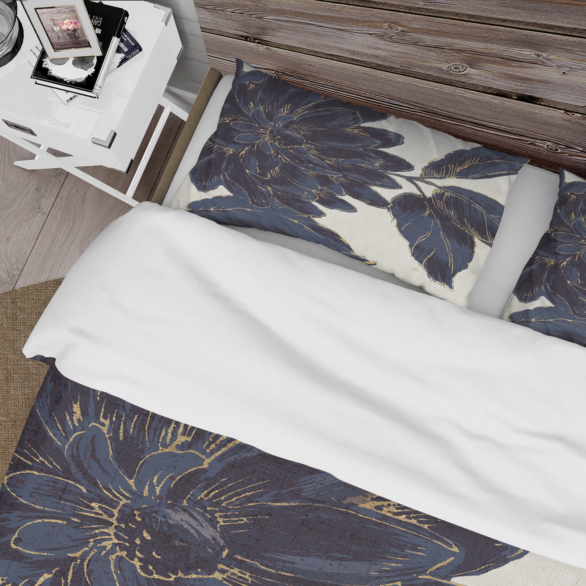 Designart 'Indigo Gold Metallic Flower' Farmhouse Duvet Cover Set